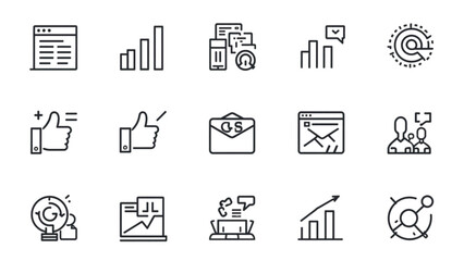 Fototapeta premium Business growth and digital marketing line icon set featuring financial chart graph analytical data envelope email and feedback symbols