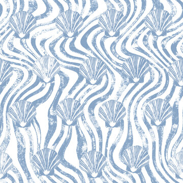 Modern Seashells and Wavy Stripes Seamless Pattern