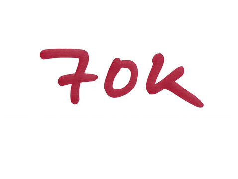 Red hand written text 70k representing seventy thousand milestone or celebration isolated on transparent background