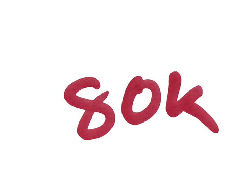 Red handwritten 80k text label for social media follower milestone isolated on transparent background