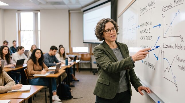 Student learns about economic models in classroom with diverse group during a lecture in university setting