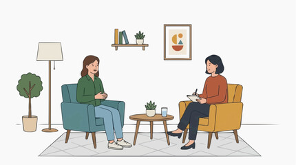 Fototapeta premium Two women in a therapy session, one talking and the other taking notes in a comfortable room