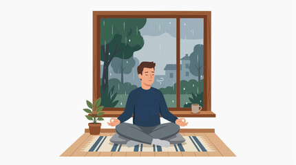 Fototapeta premium Man Meditating Indoors While It Rains Outside Peaceful Scene