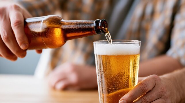 Cold draft-style beer poured from bottle into frosty pint glass with creamy foam. Refreshing alcoholic beverage in casual bar setting for brewery and pub advertising