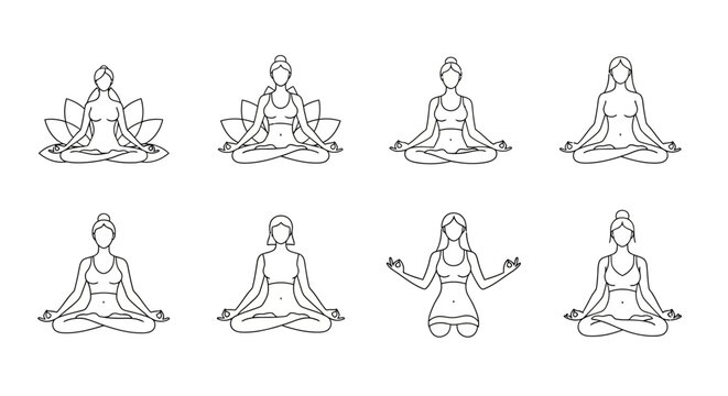 Collection of line art illustrations depicting women in various yoga and meditation poses, showcasing different seated postures and mudras for wellness.