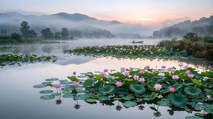 Naklejka premium Serene lake scene with pink lotus flowers and misty mountains at sunrise
