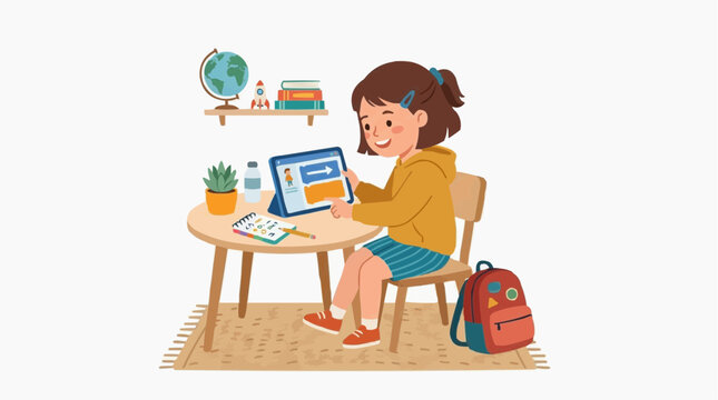 Young girl using a tablet for online learning at a desk with books and a globe