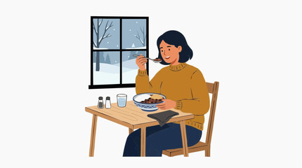 Fototapeta premium Woman eating a warm meal indoors by a window on a snowy winter day