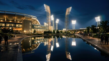 Fototapeta premium Nighttime View of Modern Stadium with Bright Lights and Reflections.