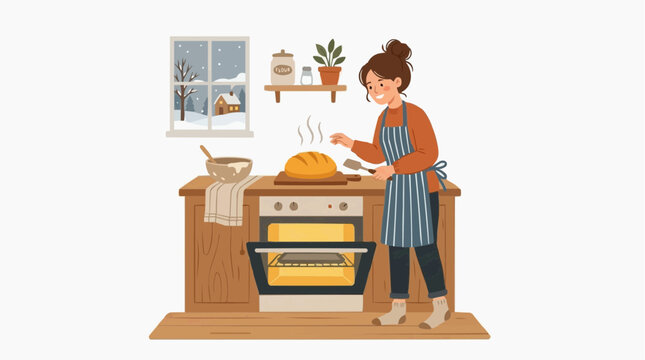 Woman baking fresh bread in a cozy kitchen on a snowy winter day