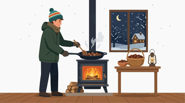 Man roasting chestnuts on a wood stove during a snowy winter night with a cozy house visible outside the window