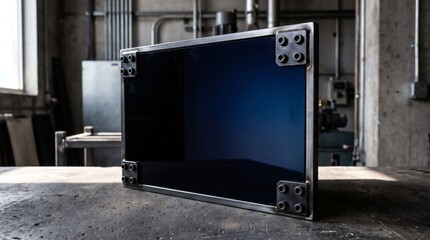 Fototapeta premium Rugged Industrial Monitor with Heavy Duty Metal Frame and Bolted Corners in Workshop Setting