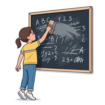 Child erasing chalkboard in classroom during school time while learning numbers and letters