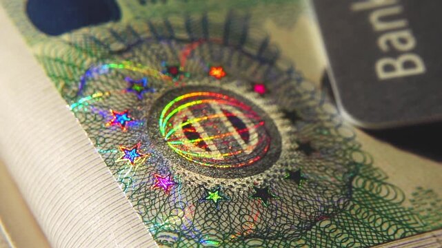 A close-up of the illuminated holographic emblem of the EU Schengen visa. The iridescent multicolor security hologram of the Schengen visa of the European Union countries. 4k slow motion video 60 fps.