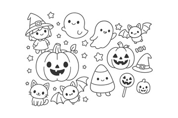 Obraz premium Cute kawaii style halloween collection featuring a little witch, smiling ghosts, pumpkins, bats, candy corn, and stars for coloring