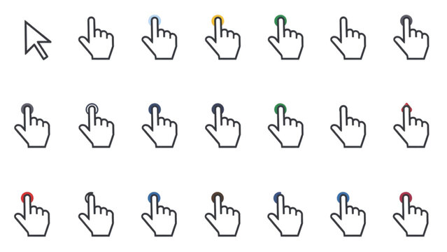 Minimalist website clicker line icon collection showing classic hand gesture index finger pointing and mouse arrow interface navigation elements