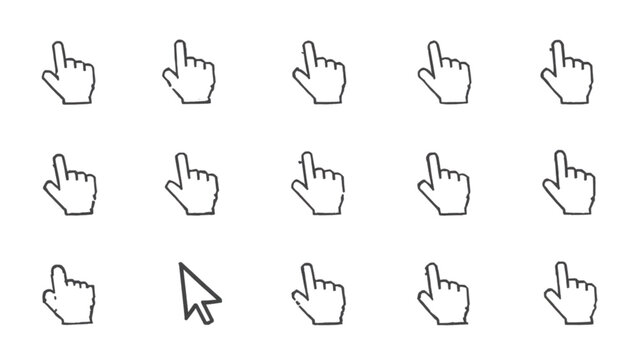Minimalist website clicker line icon collection showing classic hand gesture index finger pointing and mouse arrow interface navigation elements