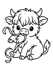 Obraz premium Cute Highland Cow Calf Illustration: A charming black and white line drawing of a baby Highland cow with fluffy hair and long horns, sitting and chewing on a ribbon.
