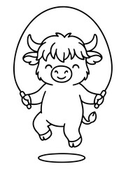 Obraz premium Cute Ox Jumping Rope: An adorable cartoon ox with a happy expression jumps over a jump rope, with its legs bent and its tail wagging. A cute, little ox is jumping rope.