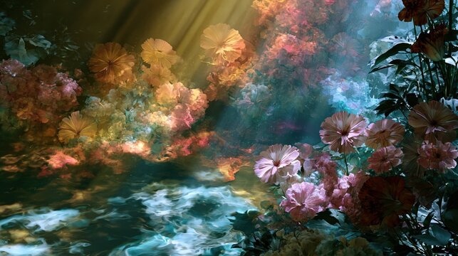 Dreamlike cinematic watercolor garden scene with ghost courier relay motifs, dappled sunlight filtering through a pastel floral landscape, a surreal blend of electronic punk fusion and a tech core ed