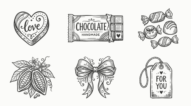 Hand-drawn chocolate icons: heart, bar, candies, cocoa beans, bow, gift tag