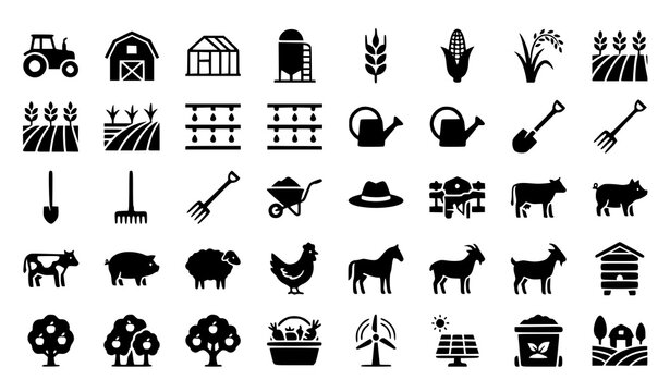 Farming Agriculture and Sustainable Farm Black Glyph Icon Set Vector