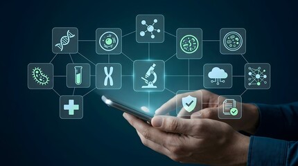 Fototapeta premium Digital health science network with smartphone interface