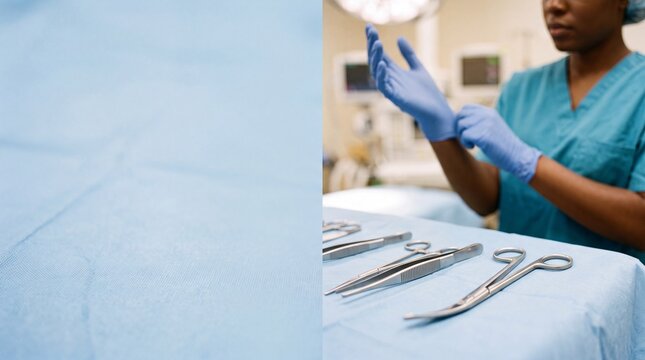 African American surgeon putting on blue gloves in operating room with tools