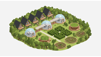Fototapeta premium Isometric Sustainable Eco-Resort with A-Frame Cabins, Glamping Geodesic Domes, and Hedge Maze Garden