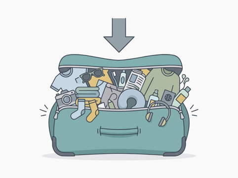 Vector icon of an overpacked blue travel suitcase stuffed with clothes shoes and accessories secured 