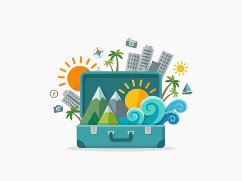 Flat vector graphic of an open suitcase with travel elements including mountains city skyscrapers sun waves and icons bursting out