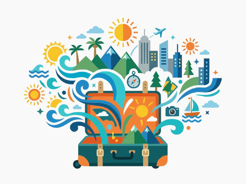 Flat vector graphic of an open suitcase with travel elements including mountains city skyscrapers sun waves and icons bursting out