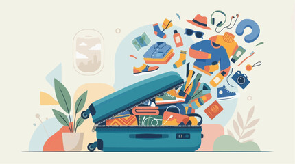 Naklejka premium Open Suitcase with Flying Travel Clothes and Vacation Accessories Flat Vector Illustration