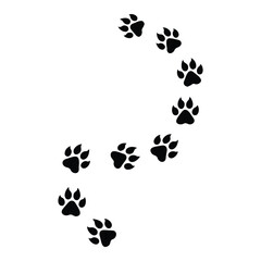Fototapeta premium Paw prints forming a curved path isolated on white background vector illustration silhouette