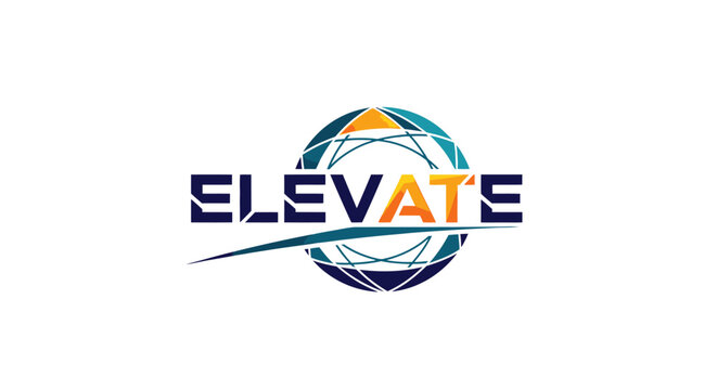 Global "ELEVATE" text logo with an abstract spherical element, symbolizing worldwide progress and connectivity, isolated on a white background.