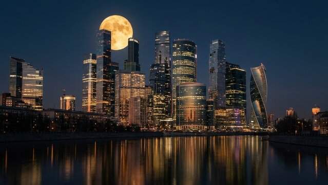 Architecture - Moscow City Skyline with Full Moon Rising Over Glass Skyscrapers Reflected in Moskva River at Night