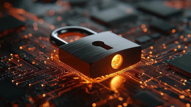 Digital Security Padlock Glowing on Circuit Board Background.