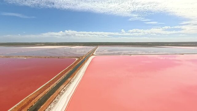 Aerial view of Hutt Lagoon Pink Lake with vibrant pink water separated by a road under a clear blue sky in Yallabatharra, Western Australia, Australia.