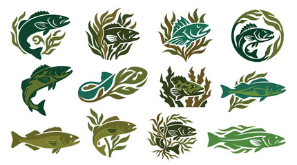 Fototapeta premium Collection of stylized fish illustrations with aquatic plants, suitable for emblems and icons.