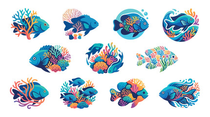 Collection of stylized tropical fish and coral reef elements, vibrant colors, underwater marine life illustrations. © tr