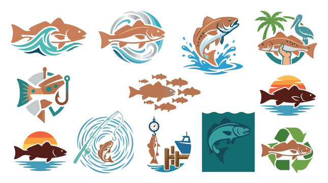 Collection of Redfish Fishing Icons and Illustrations.