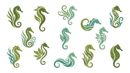 Collection of stylized seahorse illustrations in shades of green and teal, featuring organic, flowing designs with aquatic plant elements. © tr
