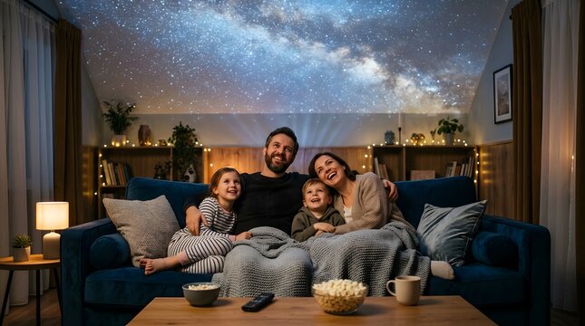 Family watching projector stars on ceiling in cozy living room