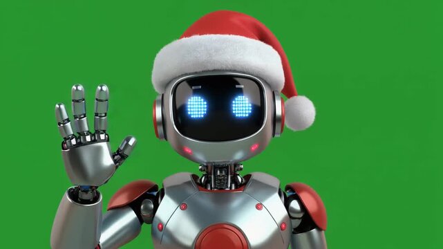 A cute friendly robot wearing a Christmas Santa hat waving hello isolated on green screen chroma key background.