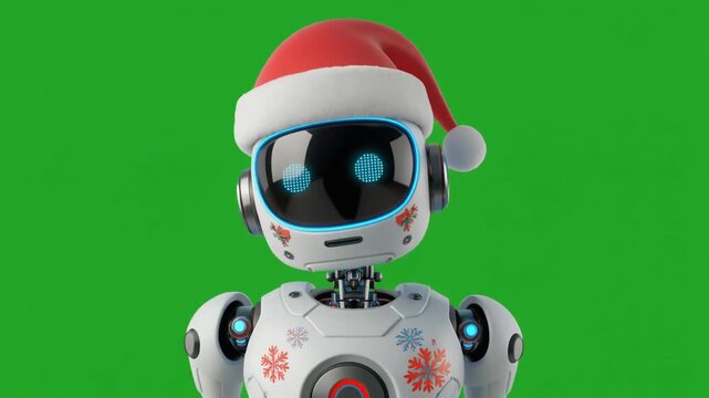 A cute white robot wearing a festive Santa Claus hat isolated on green screen chroma key background.
