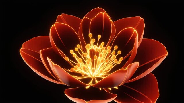 A glowing abstract flower with vibrant orange and gold petals against a dark black background.