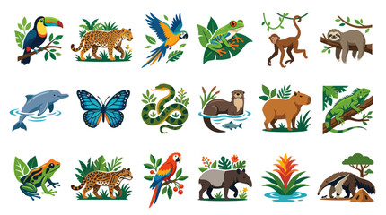 Fototapeta premium Amazon Rainforest Wildlife Icons Set. Tropical Animals and Jungle Fauna in Flat Vector Illustration Style.