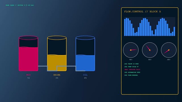 Drilling automation processes displayed on a digital interface featuring tank level indicators bar charts and gauge meters shown in a continuous motion industrial data monitoring sequence