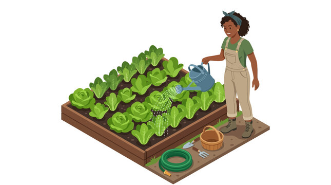 Woman watering a raised vegetable garden bed isometric vector illustration