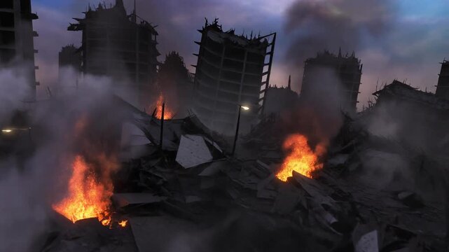 Dramatic scene of a destroyed city with burning buildings and smoke after a disaster.